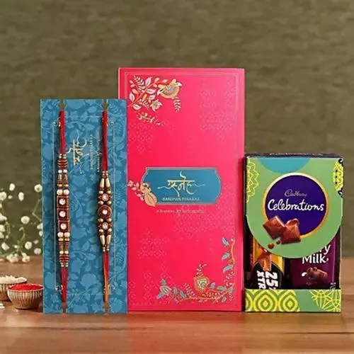 2 Stone Work Rakhis and Cadbury Celebrations Box