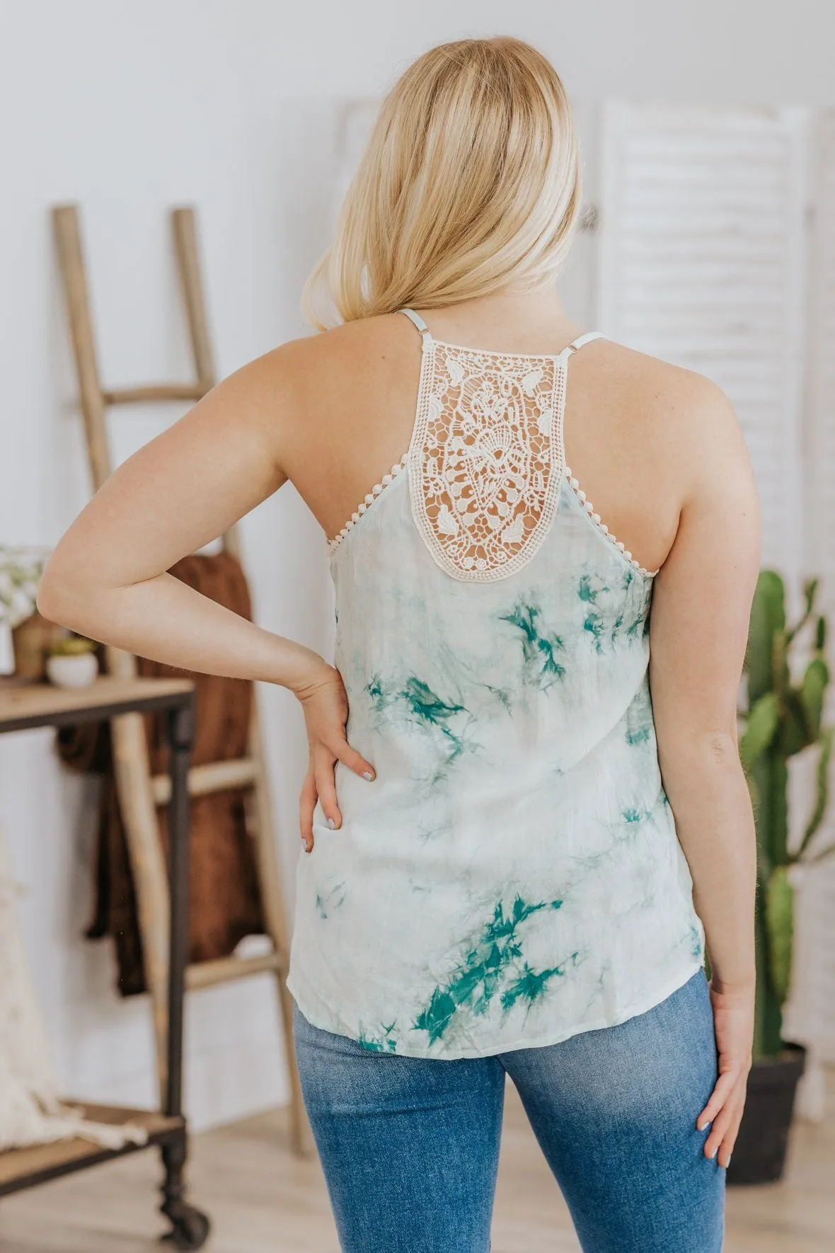 Ability To Persist Tie Dye Crochet Lace Sleeveless Tank Top in Mint Green