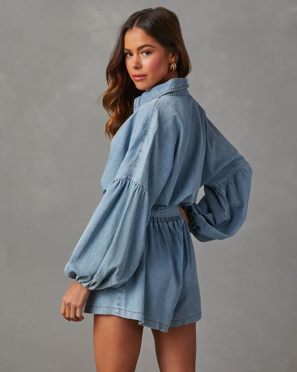 Apple Picking Denim Balloon Sleeve Romper