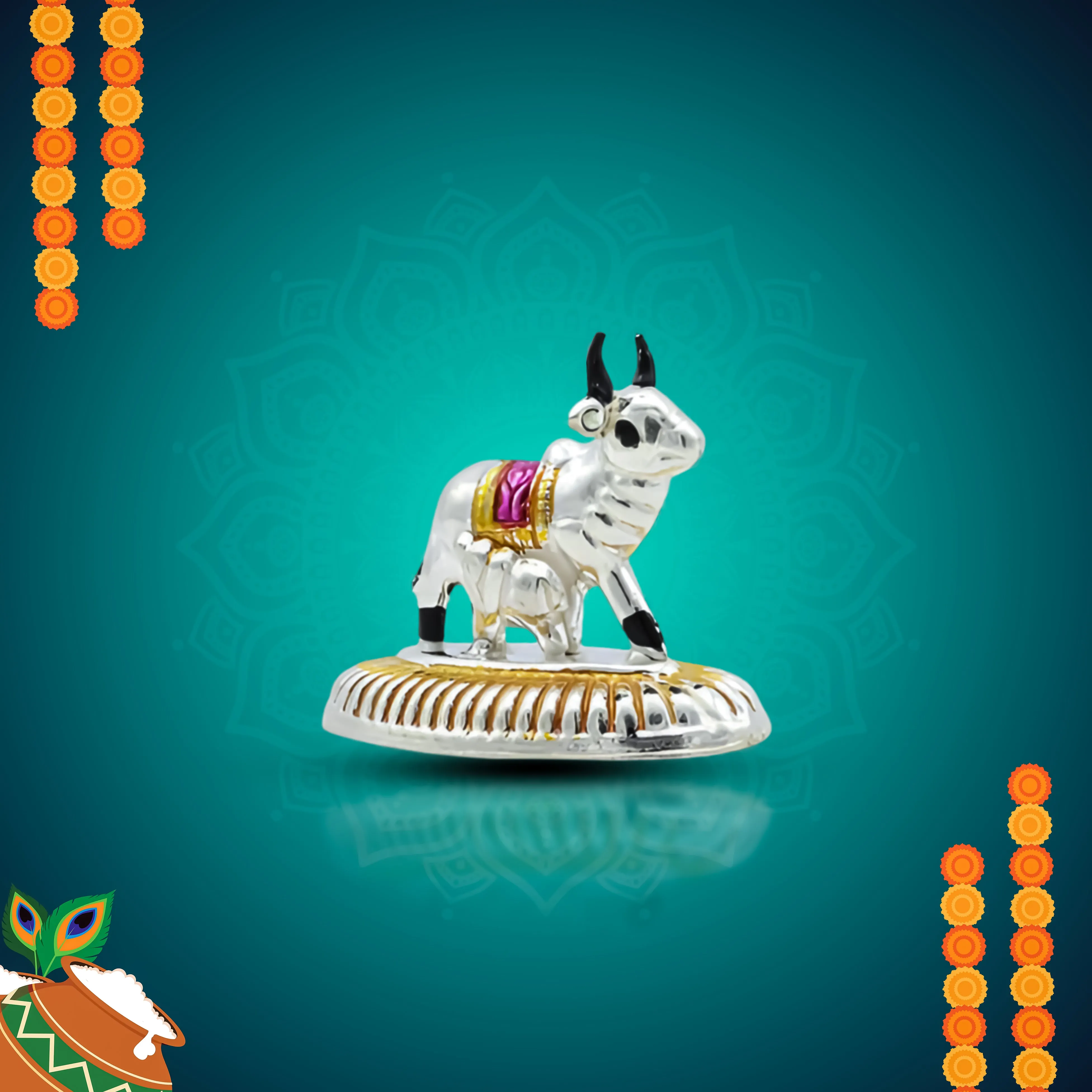 Auspicious Gold Plated Silver Cow & Calf Statue