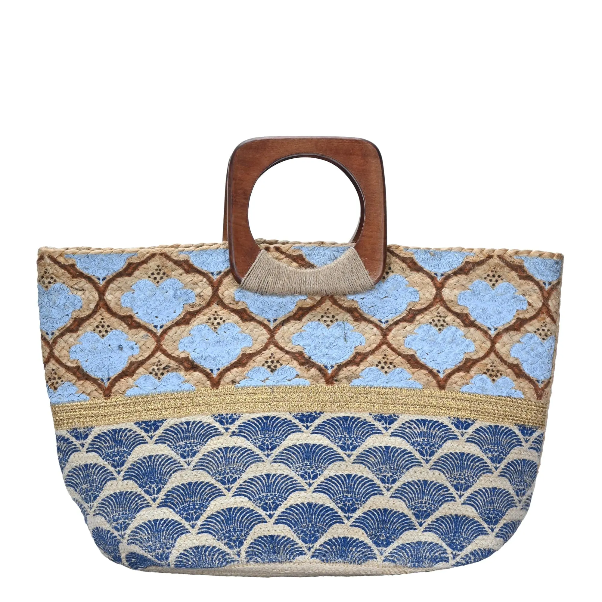 BGAIN203 Handmade Tropical Boho Jute Tote With Wooden Handles