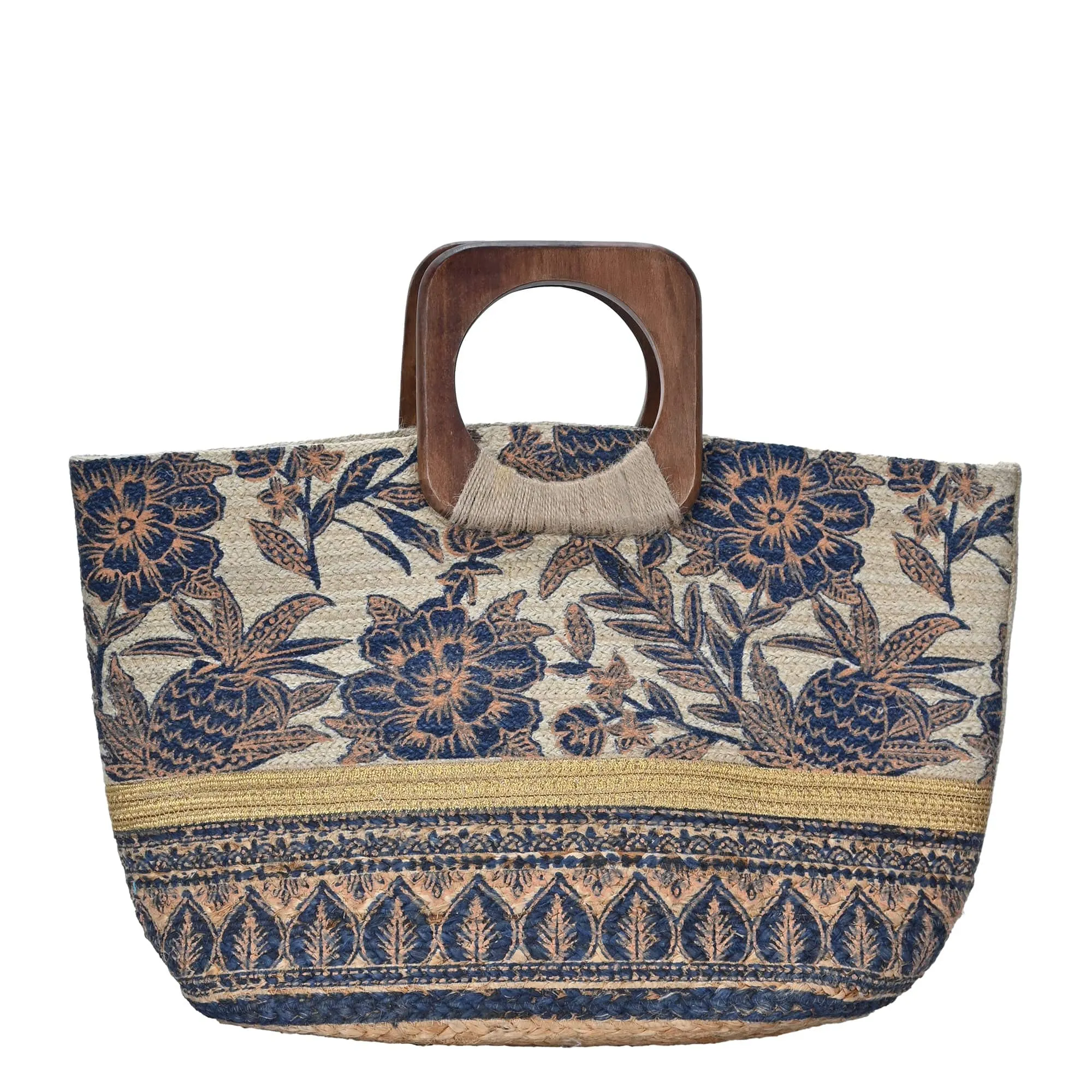 BGAIN203 Handmade Tropical Boho Jute Tote With Wooden Handles