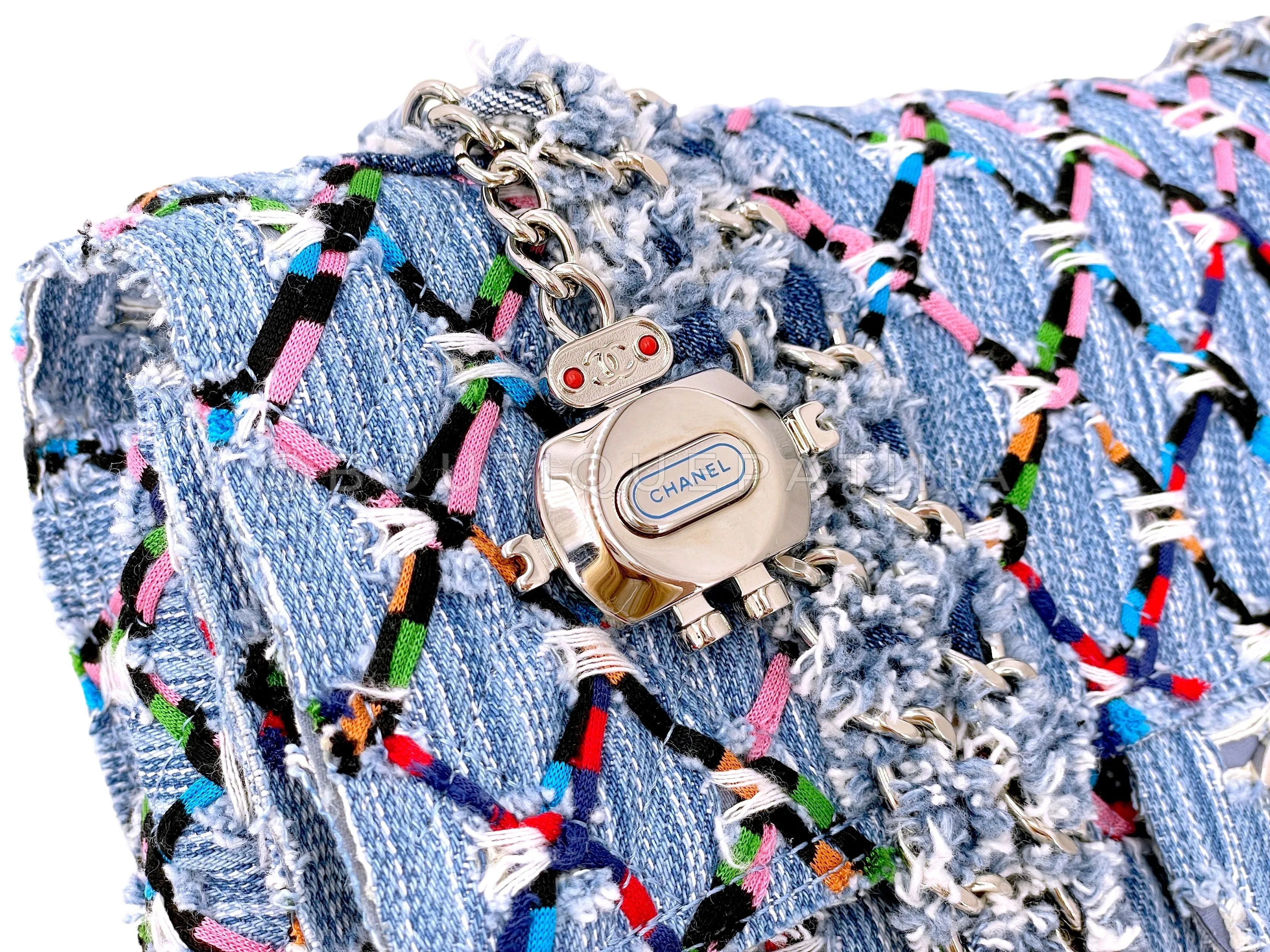 Chanel 17S Denim Rainbow Stitched Robot Charm Medium Flap Bag