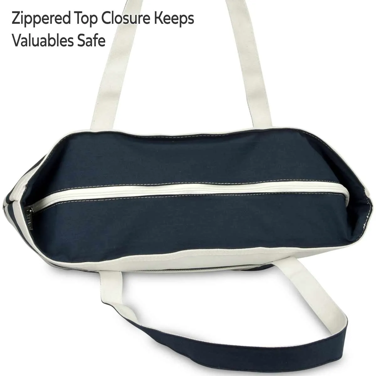 Dalix Premium Beach Bags Striped Navy Blue Zippered Tote Bag Monogrammed A-Z