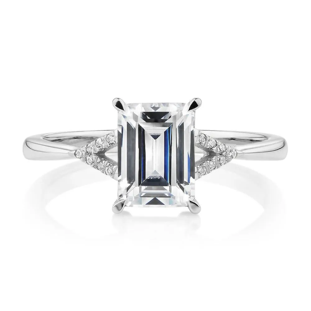 Emerald Cut and Round Brilliant shouldered engagement ring with 1.78 carats* of diamond simulants in 14 carat white gold