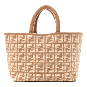 Fendi FF Cammello Beige Knitted Cashmere Large Shopper Tote Bag