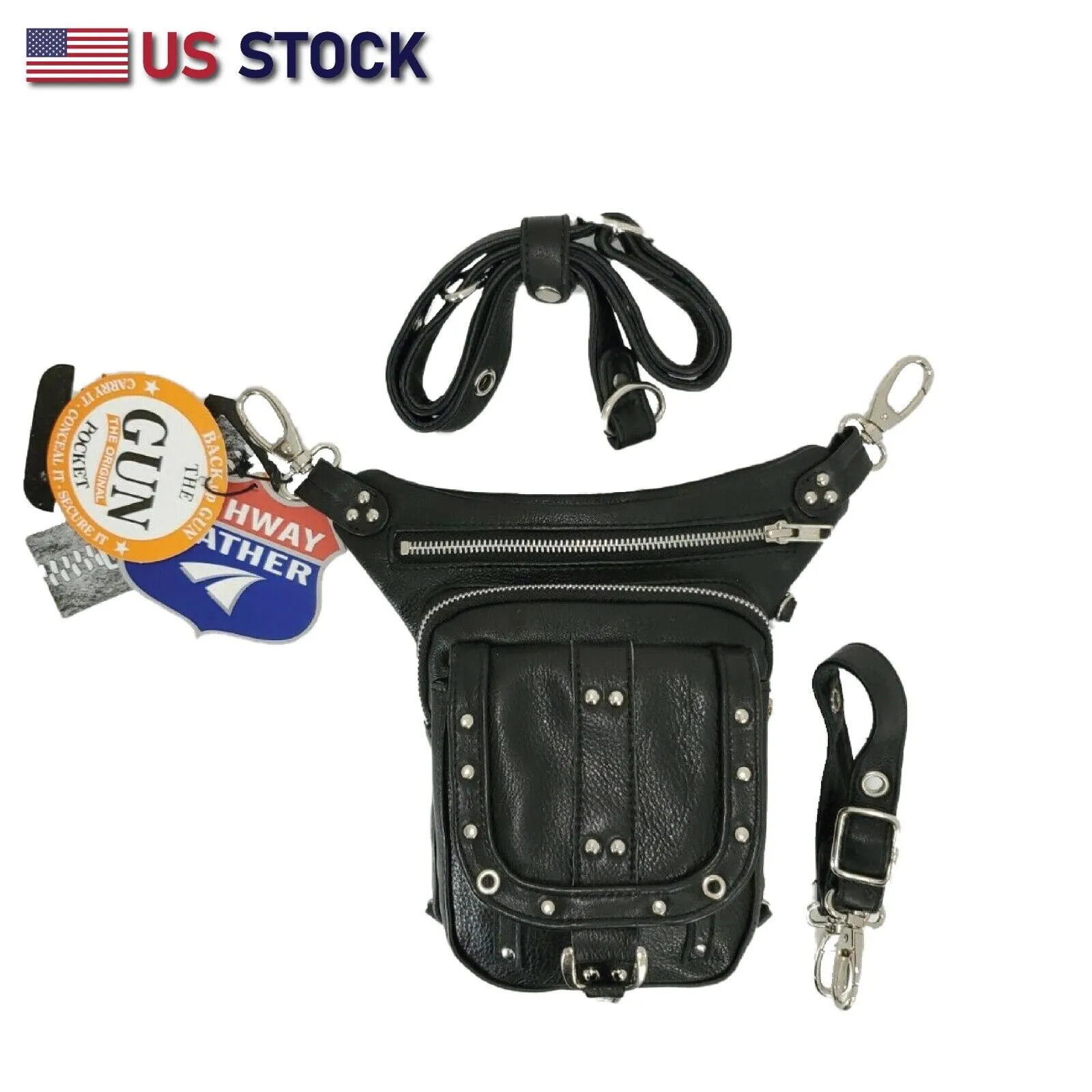 HL80197BLACK LEATHER Thigh Drop Leg Bag Gun Holster Bag Waist Bag Fanny Pack Messenger Bag