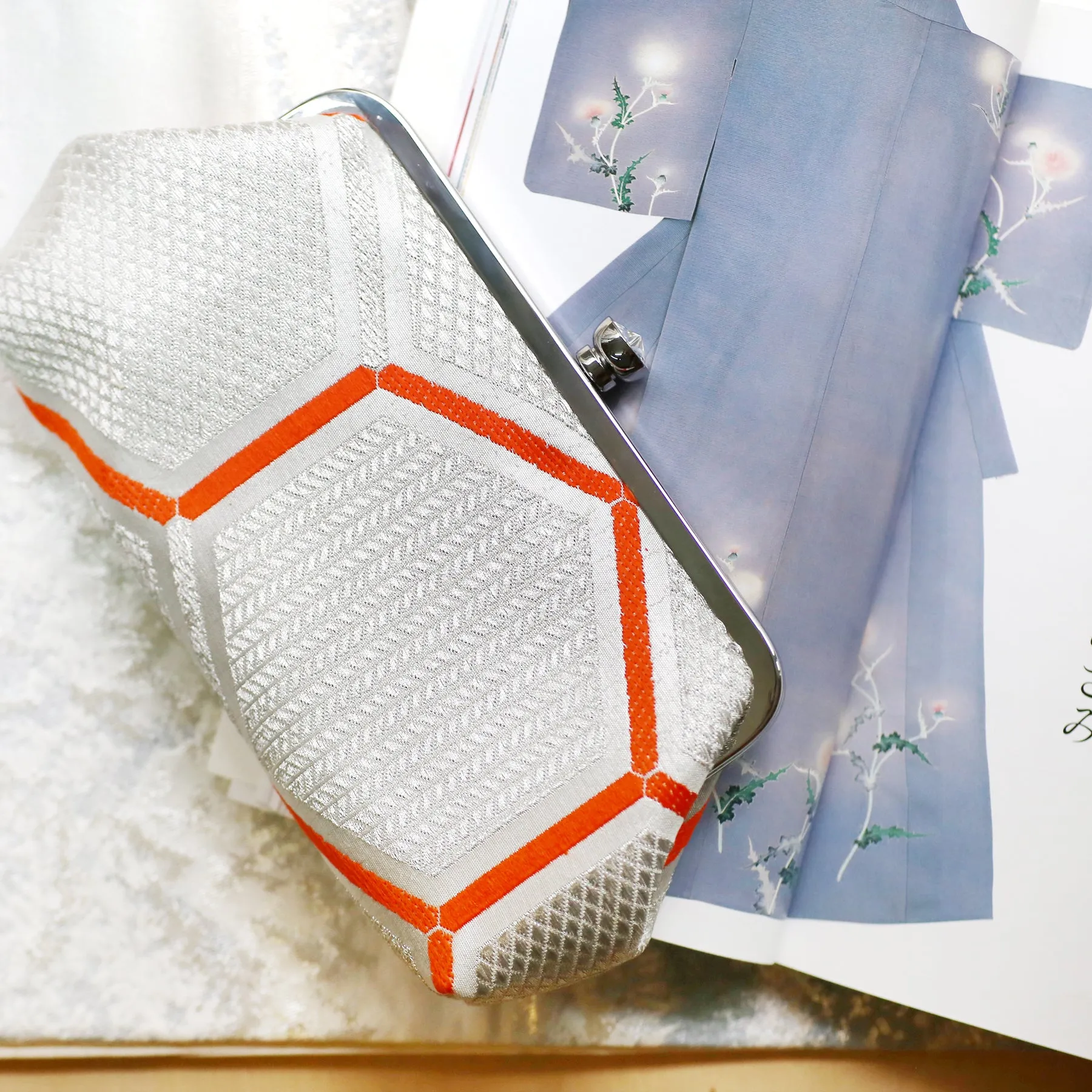 Kimono Silk Clutch in Kikko Silver and Orange