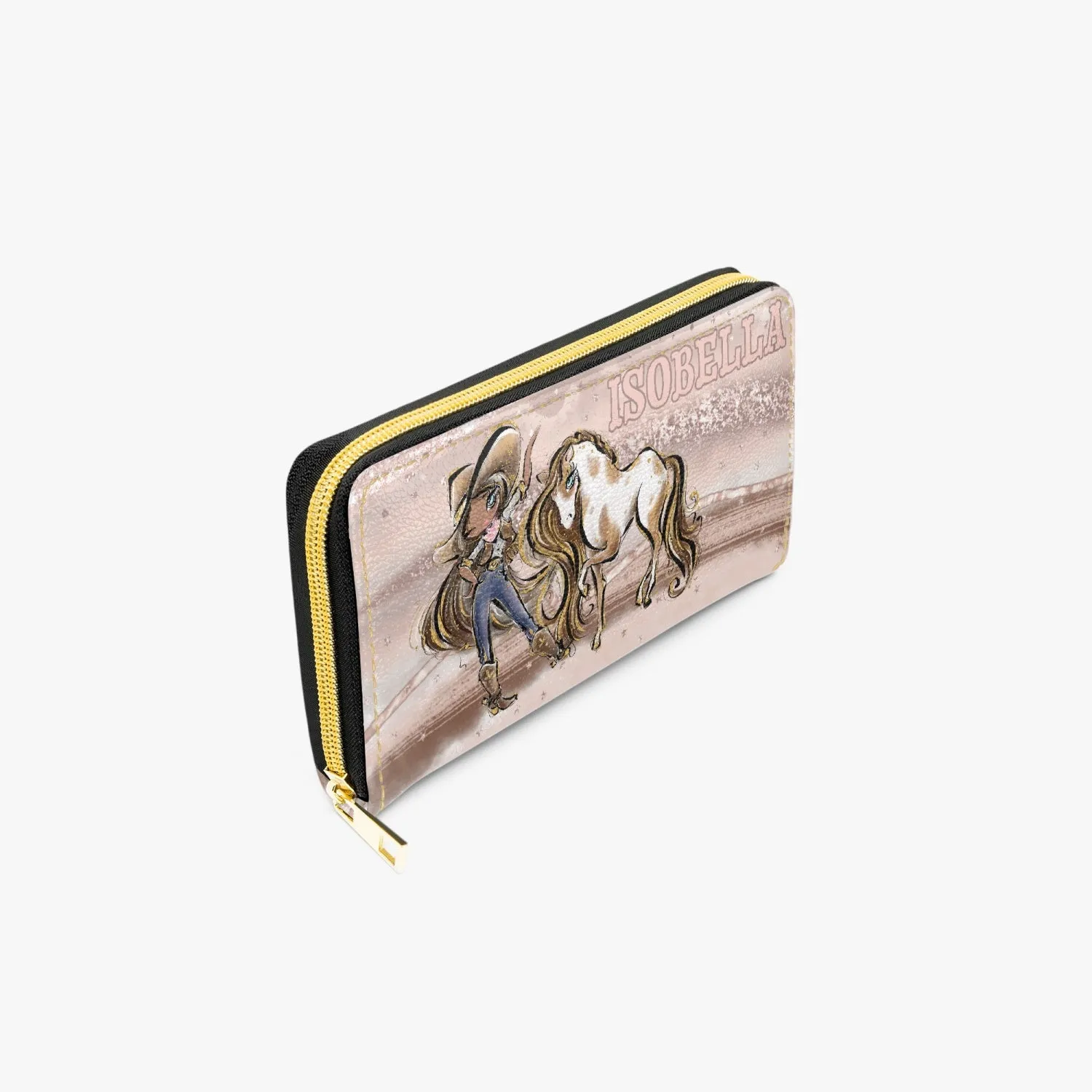 Long Type Zipper Purse, Howdy, Cowgirl & Horse, Olive Skin Blue Eyes, Personalised