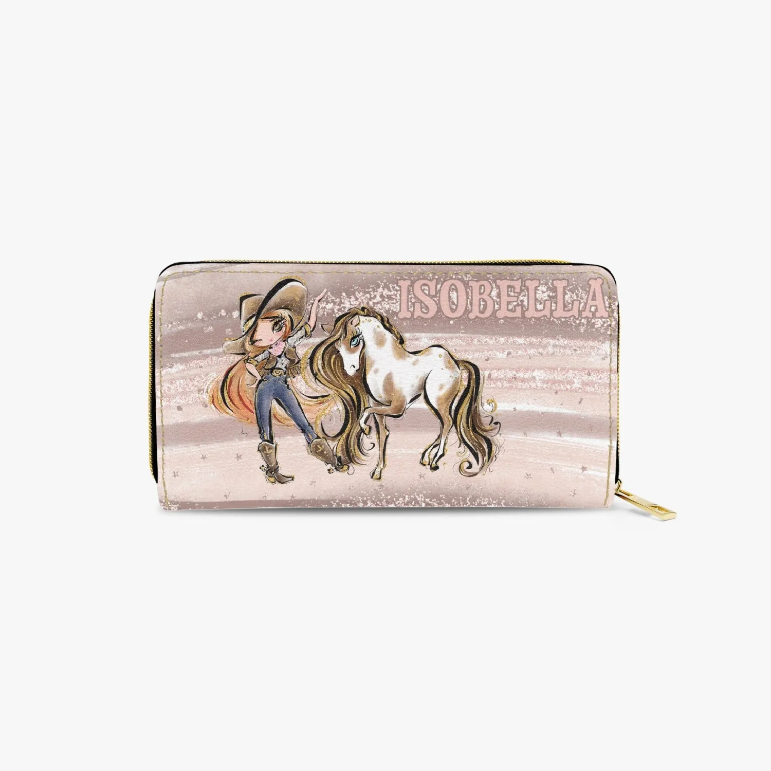 Long Type Zipper Purse, Howdy, Cowgirl & Horse, Red Hair Brown Eyes, Personalised