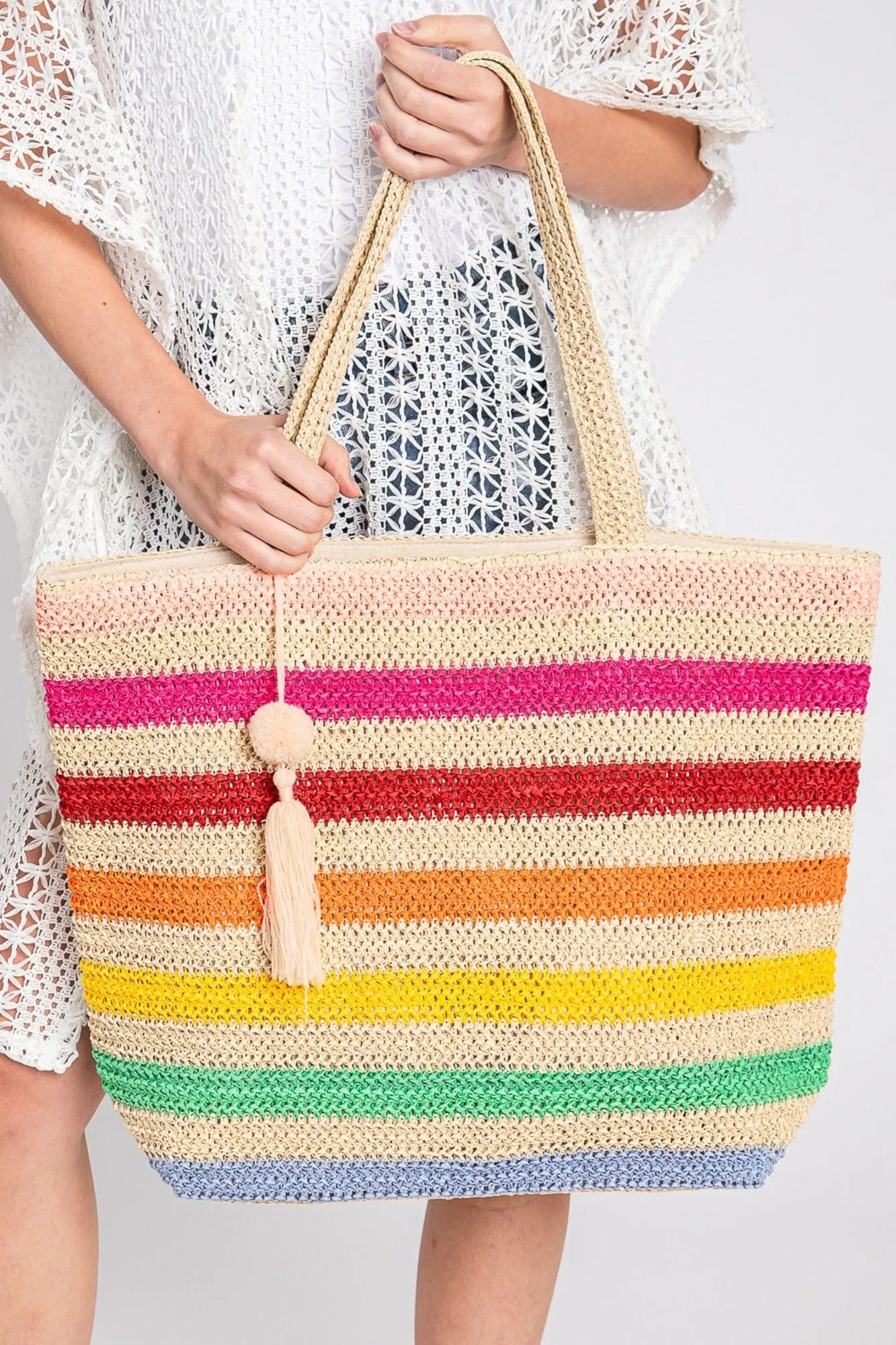 MB0205 Amara Striped Crochet Tote Bag With Tassel