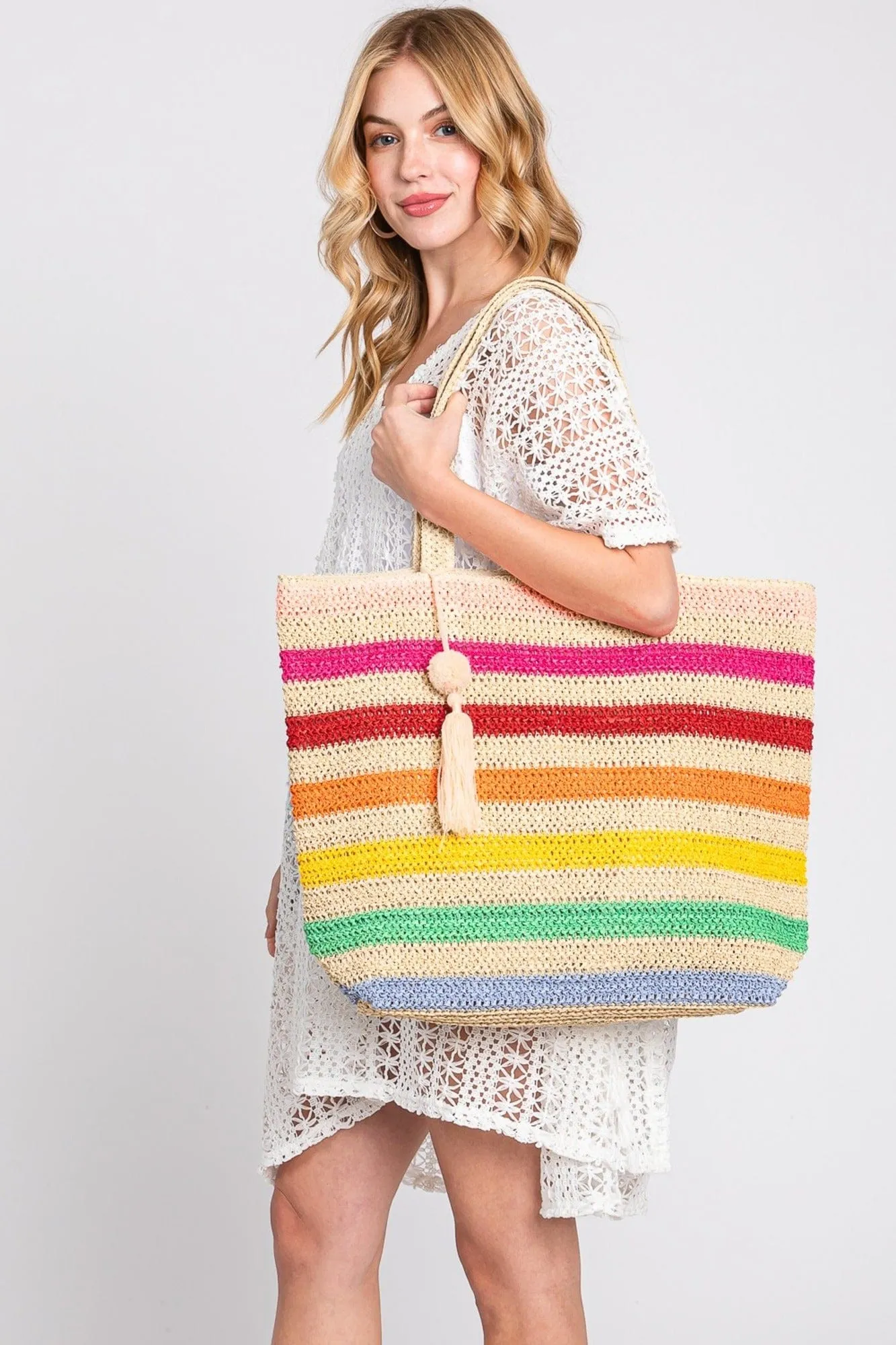 MB0205 Amara Striped Crochet Tote Bag With Tassel