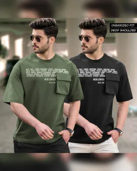 (Pack of 2) Men Oversized T-Shirt With Flap Pocket | Olivegreen & Black