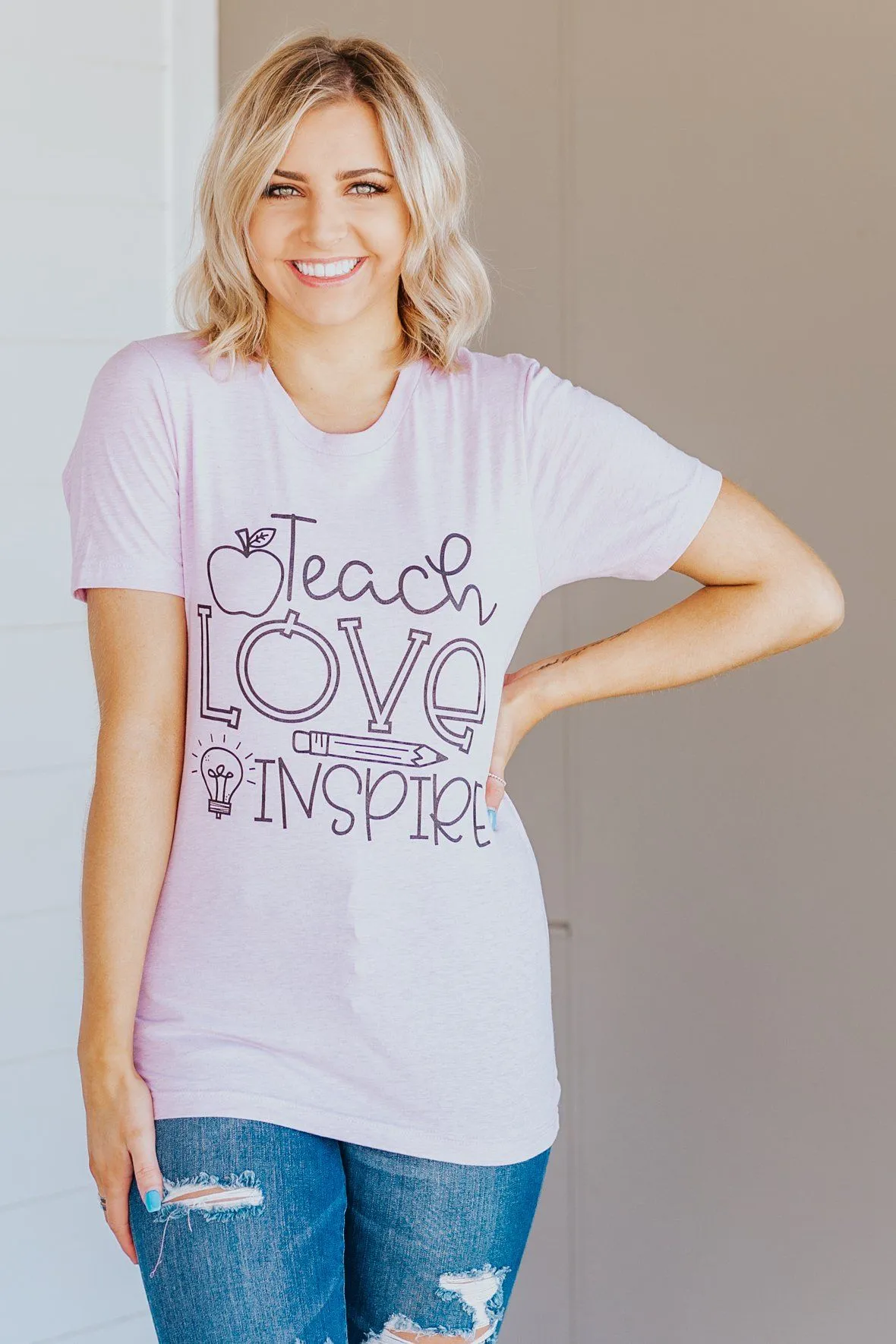 "Teach Love Inspire" Graphic Short Sleeve Top in Lilac