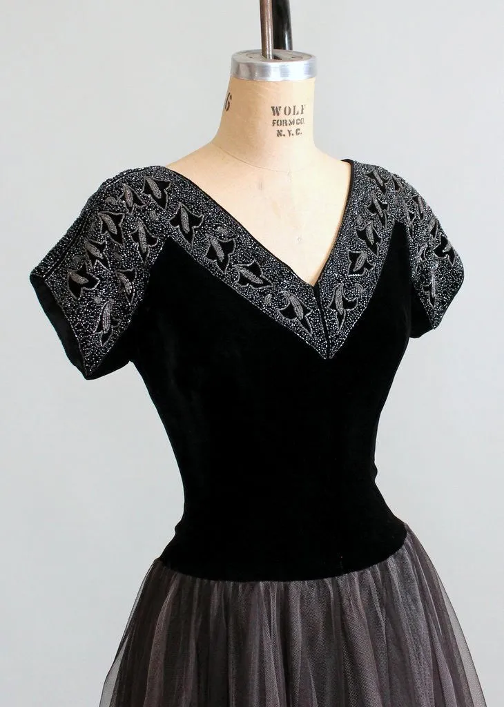 Vintage 1940s Beaded Velvet and Tulle Evening Dress