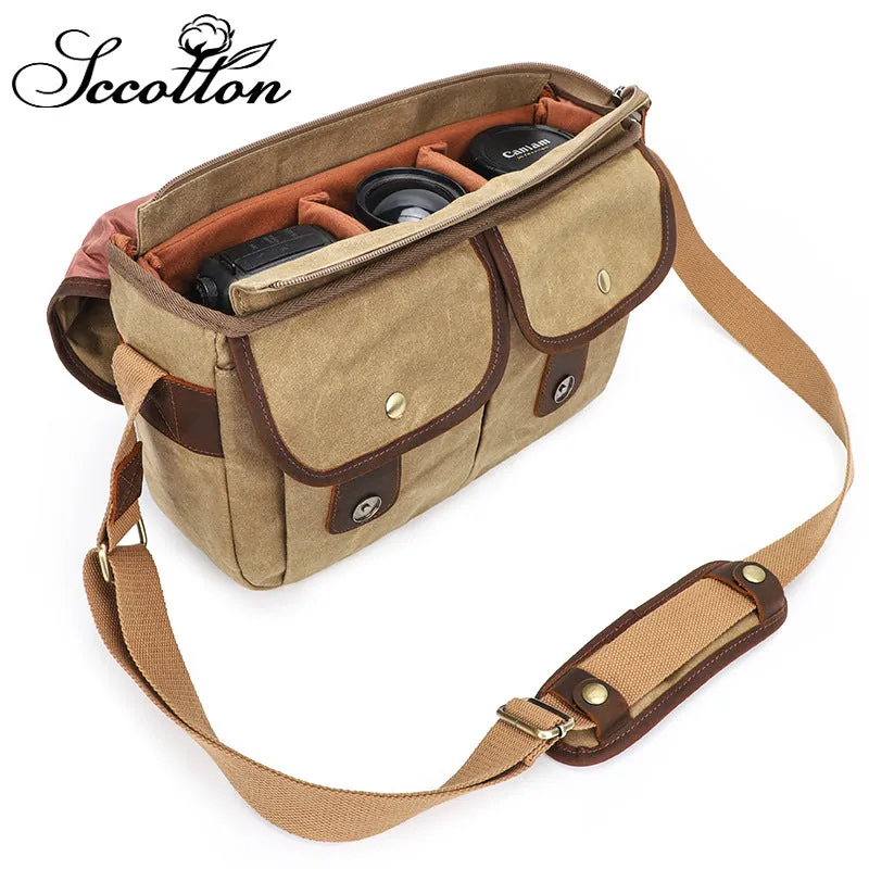 Waterproof Canvas Bag Retro DSLR Camera Bag Shoulder Crossbody Photography Digital Camera Bag Lens Storage Bag